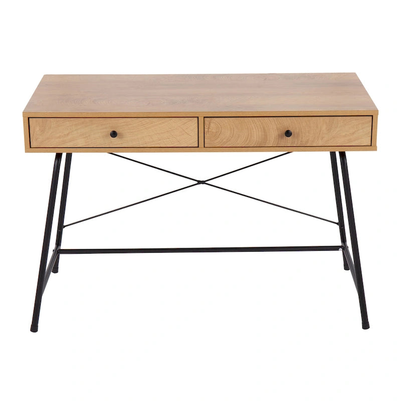 Bureau de style industriel en bois brun et métal noir avec tiroir coulissant
