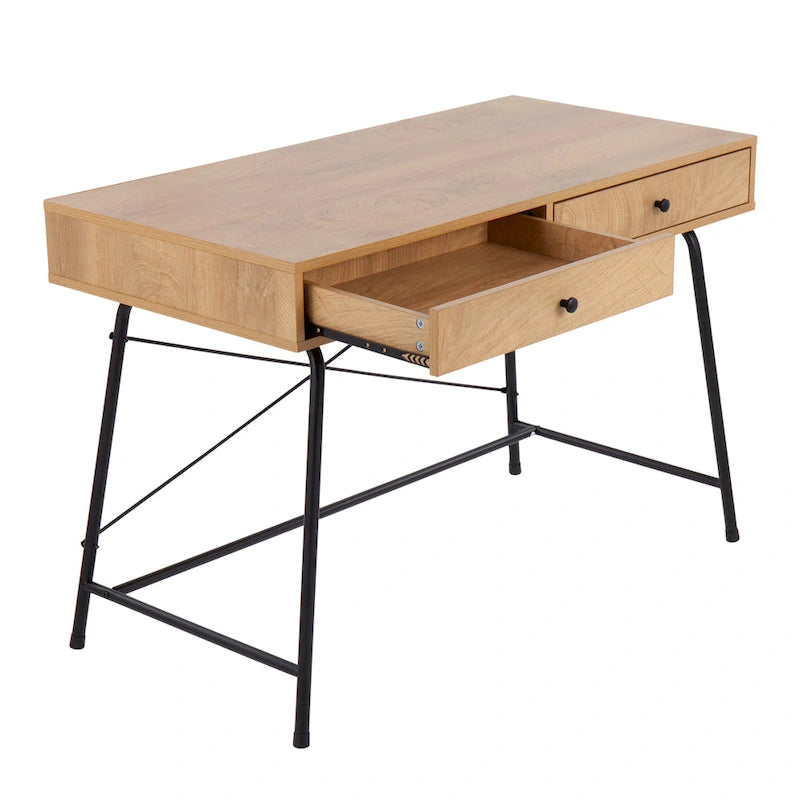 Bureau de style industriel en bois brun et métal noir avec tiroir coulissant