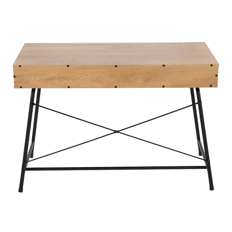 Bureau de style industriel en bois brun et métal noir avec tiroir coulissant