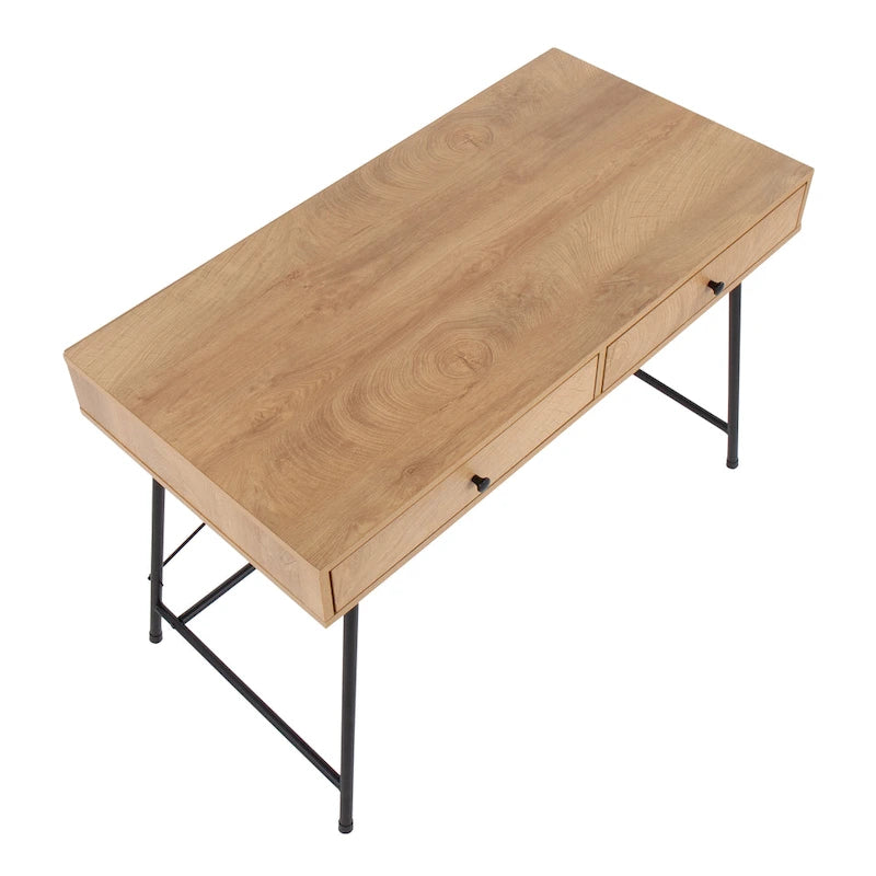 Bureau de style industriel en bois brun et métal noir avec tiroir coulissant