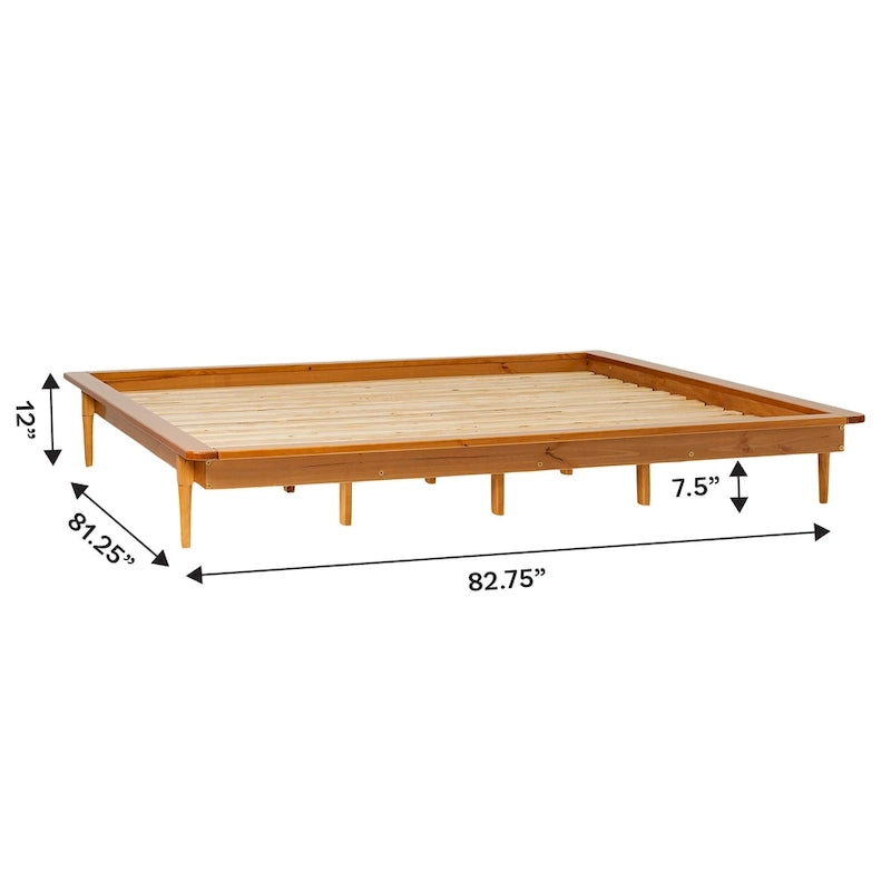 Lit plateforme King en pin massif avec pieds effilés, couleur caramel, noyer, blanc, chêne clair – 1 personne
