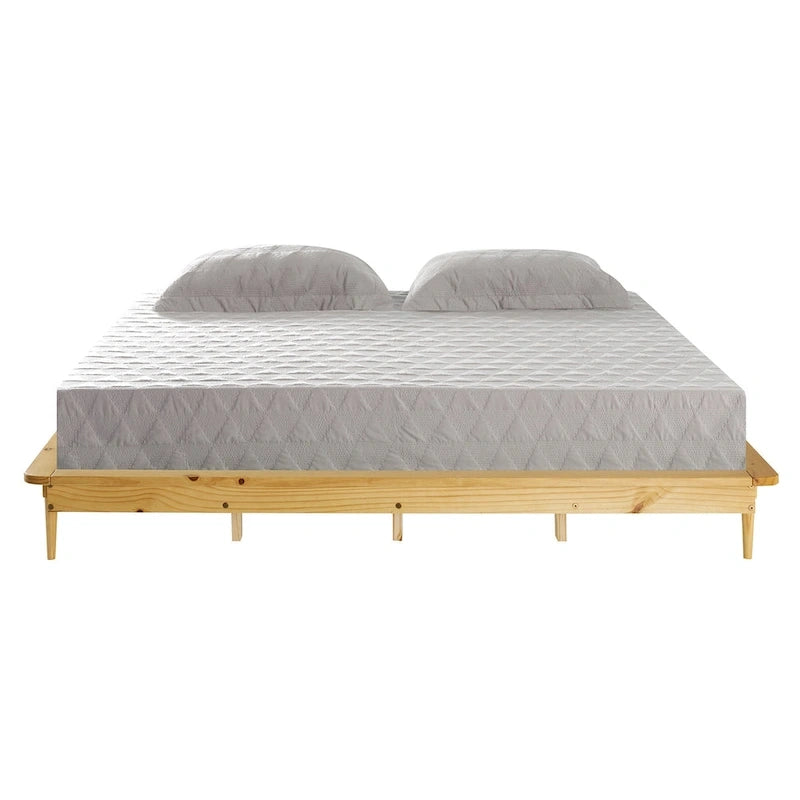 Lit plateforme King en pin massif avec pieds effilés, couleur caramel, noyer, blanc, chêne clair – 1 personne