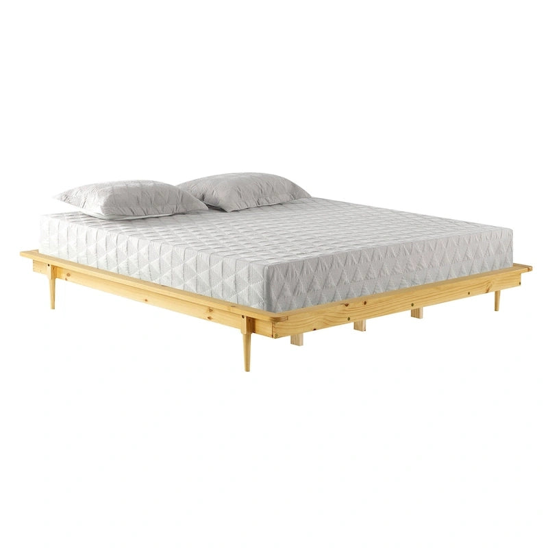 Lit plateforme King en pin massif avec pieds effilés, couleur caramel, noyer, blanc, chêne clair – 1 personne