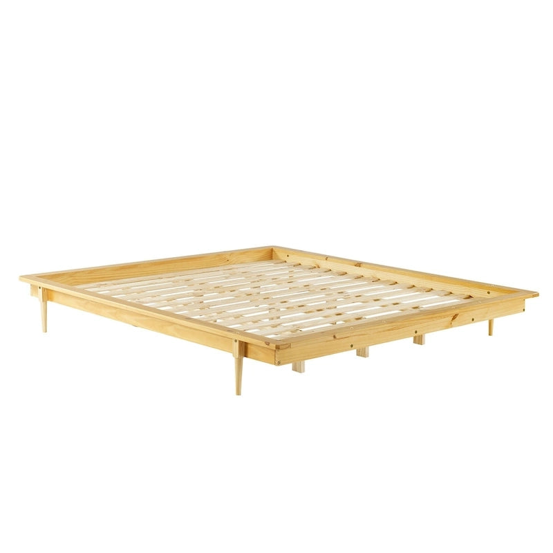 Lit plateforme King en pin massif avec pieds effilés, couleur caramel, noyer, blanc, chêne clair – 1 personne