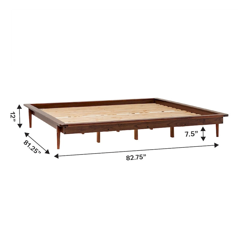 Lit plateforme King en pin massif avec pieds effilés, couleur caramel, noyer, blanc, chêne clair – 1 personne