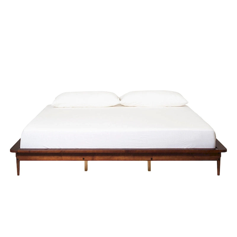 Lit plateforme King en pin massif avec pieds effilés, couleur caramel, noyer, blanc, chêne clair – 1 personne