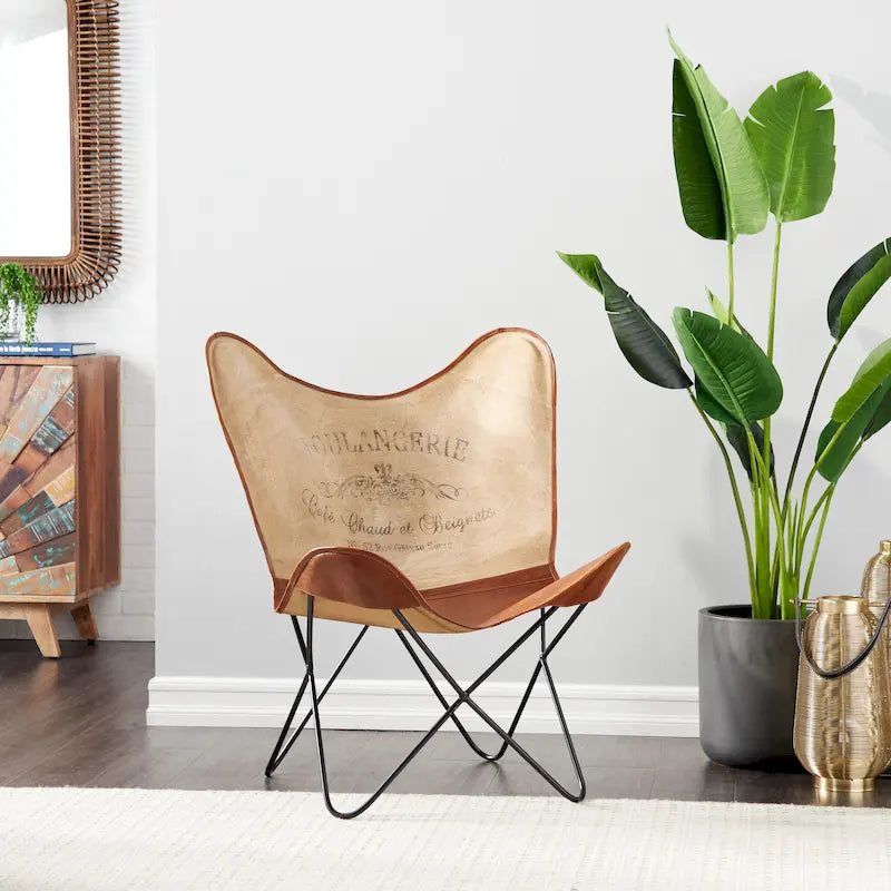 Fauteuil papillon en cuir fait main marron-beige / blanc avec piètement en métal noir – 1 place