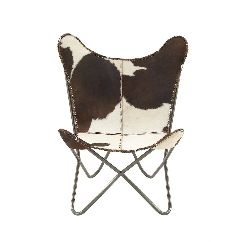 Fauteuil papillon en cuir fait main marron-beige / blanc avec piètement en métal noir – 1 place