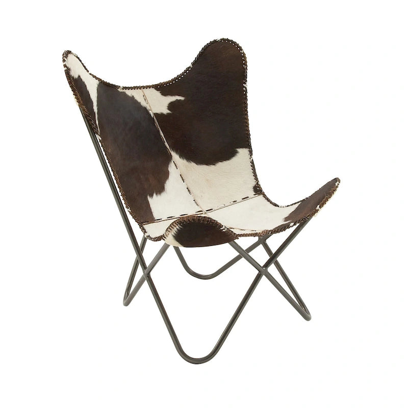 Fauteuil papillon en cuir fait main marron-beige / blanc avec piètement en métal noir – 1 place