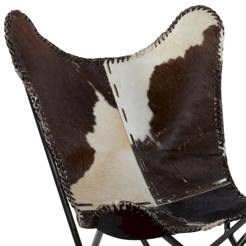 Fauteuil papillon en cuir fait main marron-beige / blanc avec piètement en métal noir – 1 place