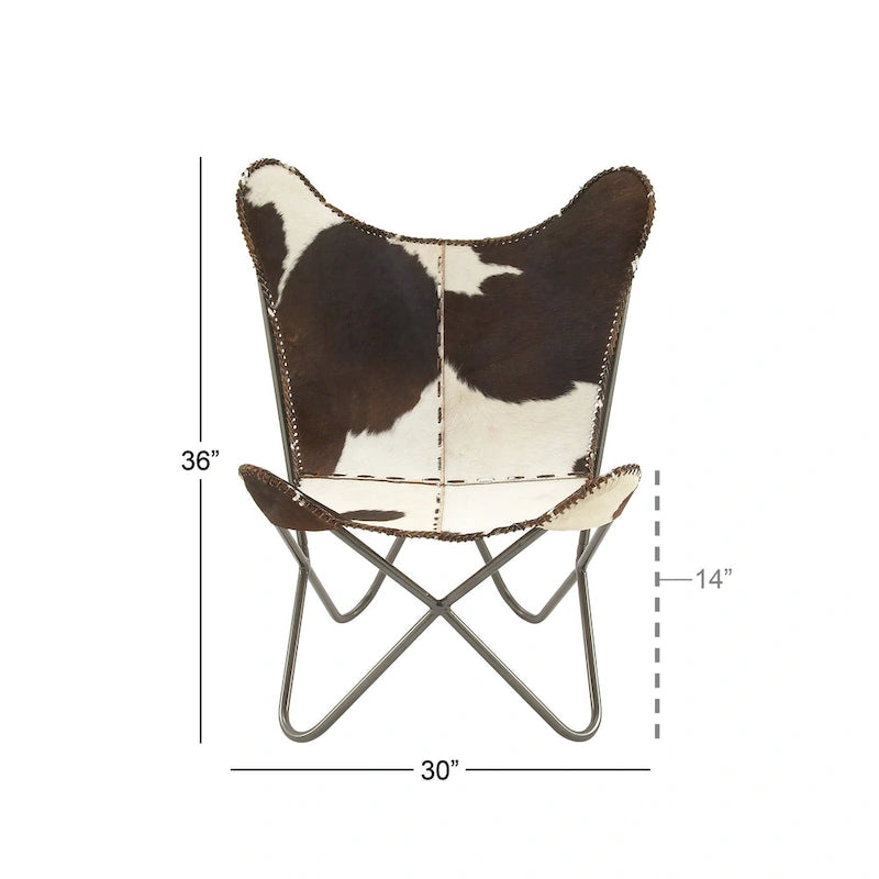 Fauteuil papillon en cuir fait main marron-beige / blanc avec piètement en métal noir – 1 place