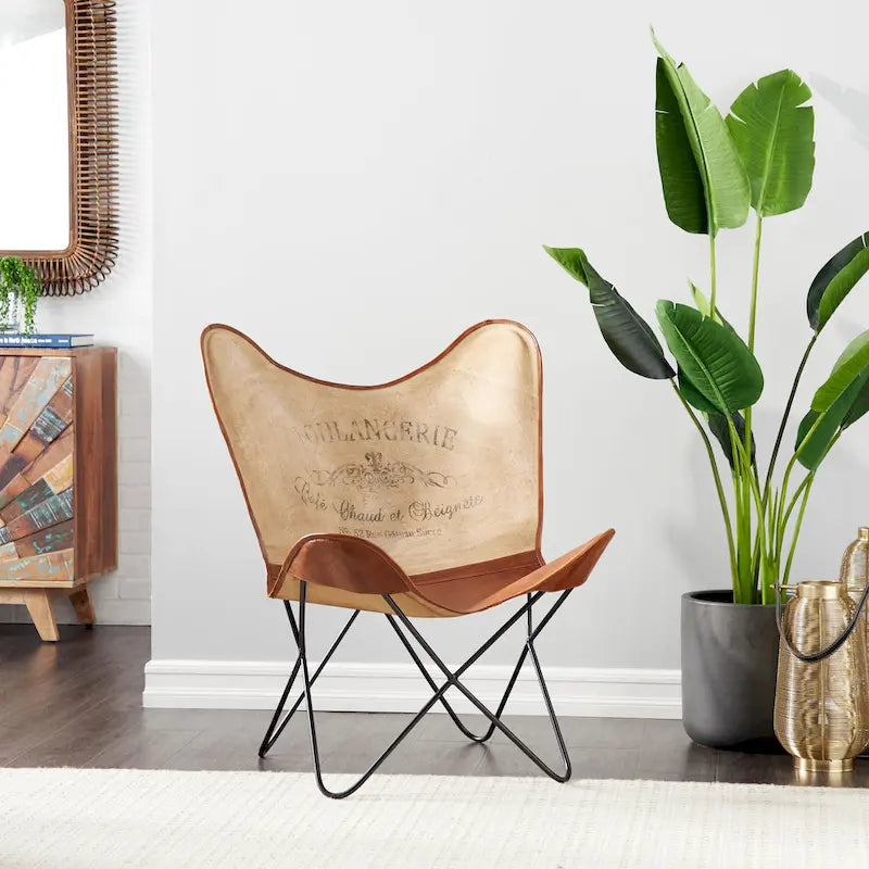 Fauteuil papillon en cuir fait main marron-beige / blanc avec piètement en métal noir – 1 place