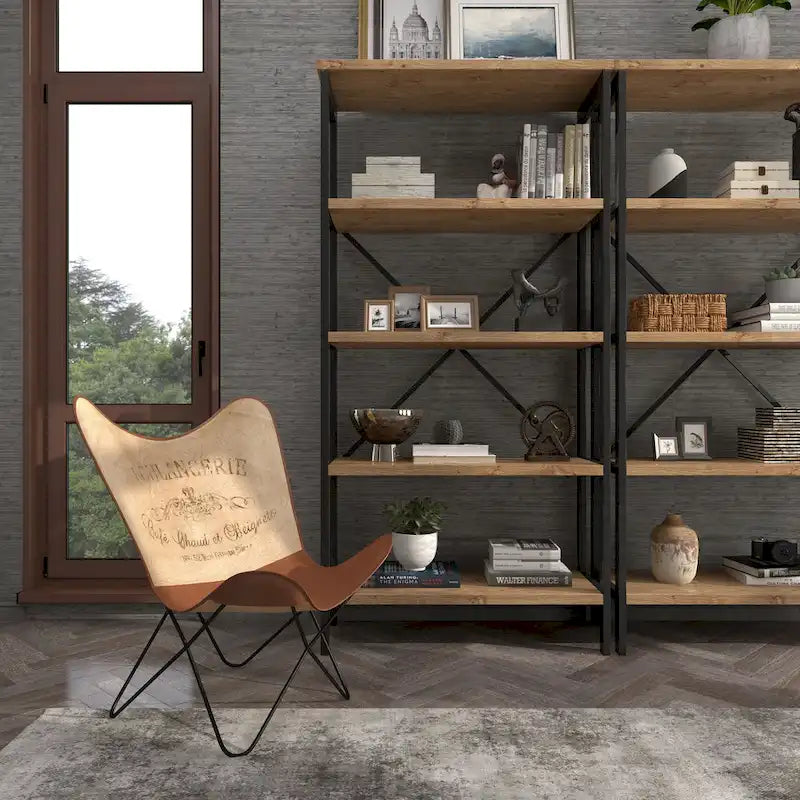Fauteuil papillon en cuir fait main marron-beige / blanc avec piètement en métal noir – 1 place