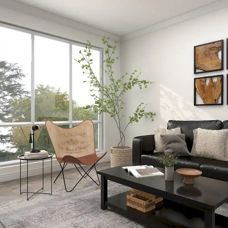 Fauteuil papillon en cuir fait main marron-beige / blanc avec piètement en métal noir – 1 place