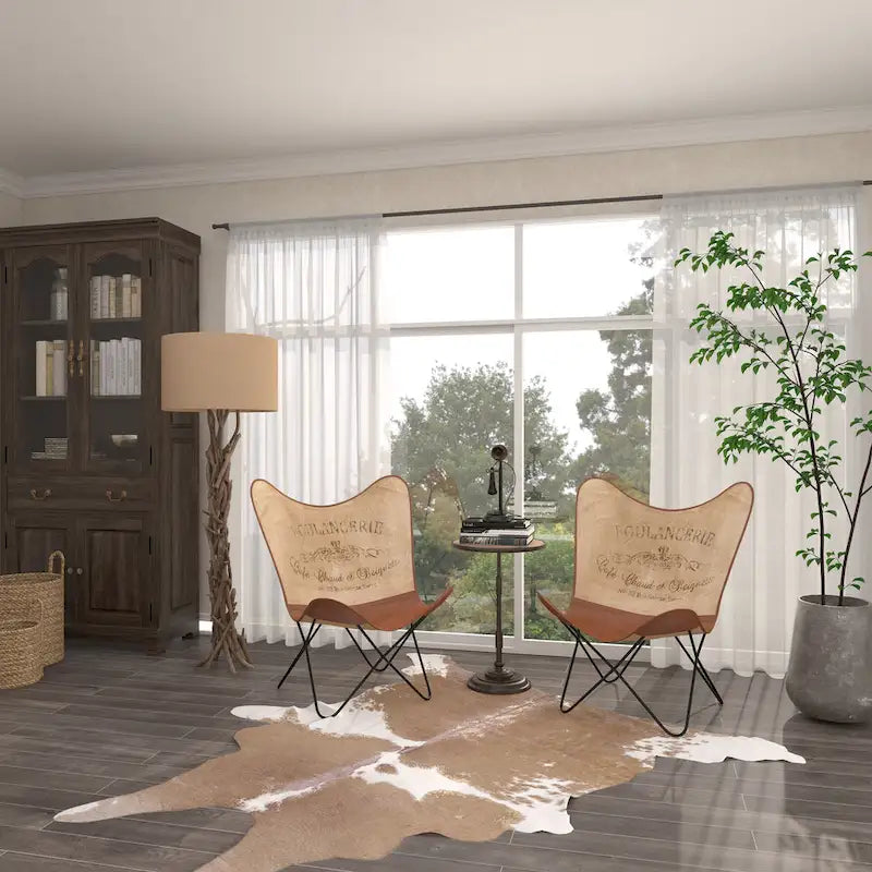 Fauteuil papillon en cuir fait main marron-beige / blanc avec piètement en métal noir – 1 place