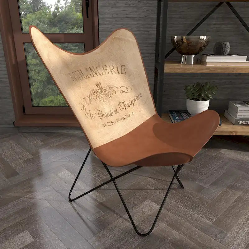 Fauteuil papillon en cuir fait main marron-beige / blanc avec piètement en métal noir – 1 place
