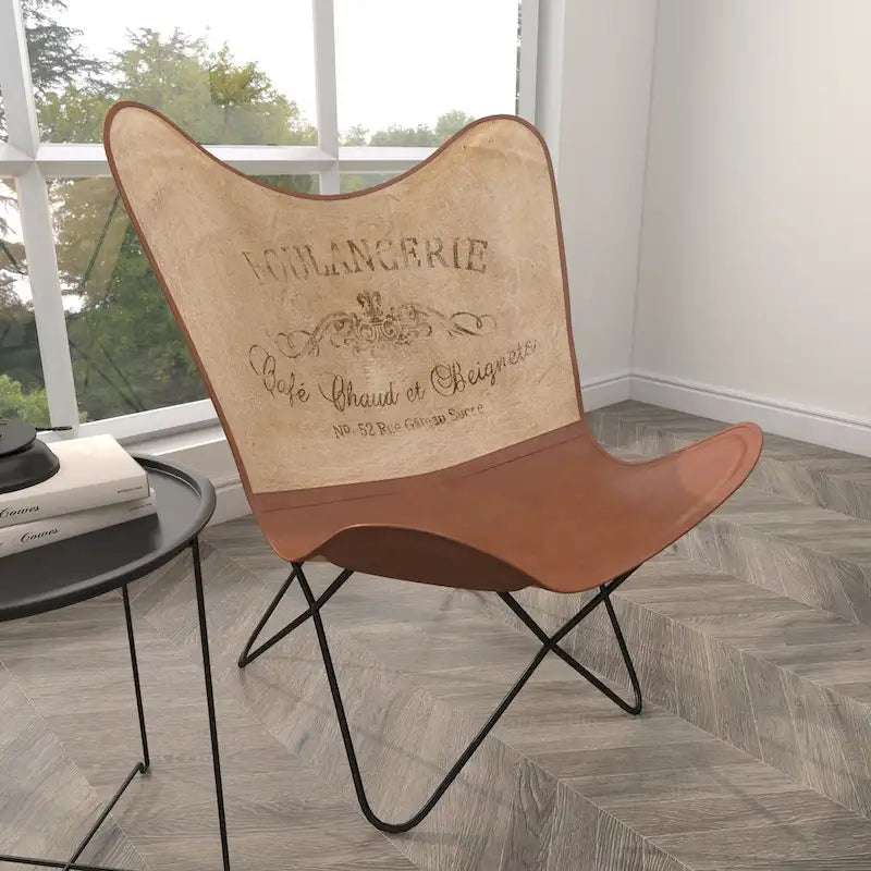 Fauteuil papillon en cuir fait main marron-beige / blanc avec piètement en métal noir – 1 place