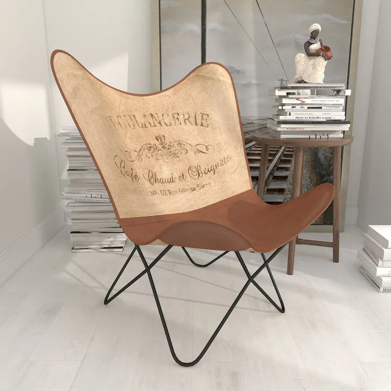 Fauteuil papillon en cuir fait main marron-beige / blanc avec piètement en métal noir – 1 place