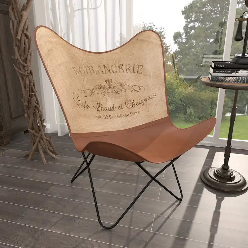 Fauteuil papillon en cuir fait main marron-beige / blanc avec piètement en métal noir – 1 place