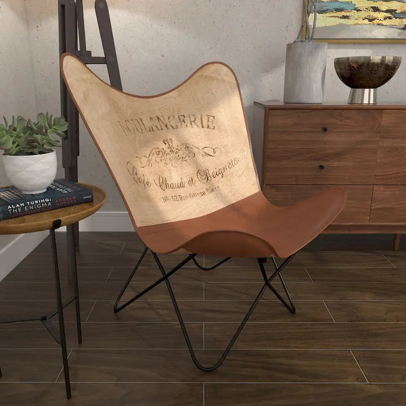Fauteuil papillon en cuir fait main marron-beige / blanc avec piètement en métal noir – 1 place