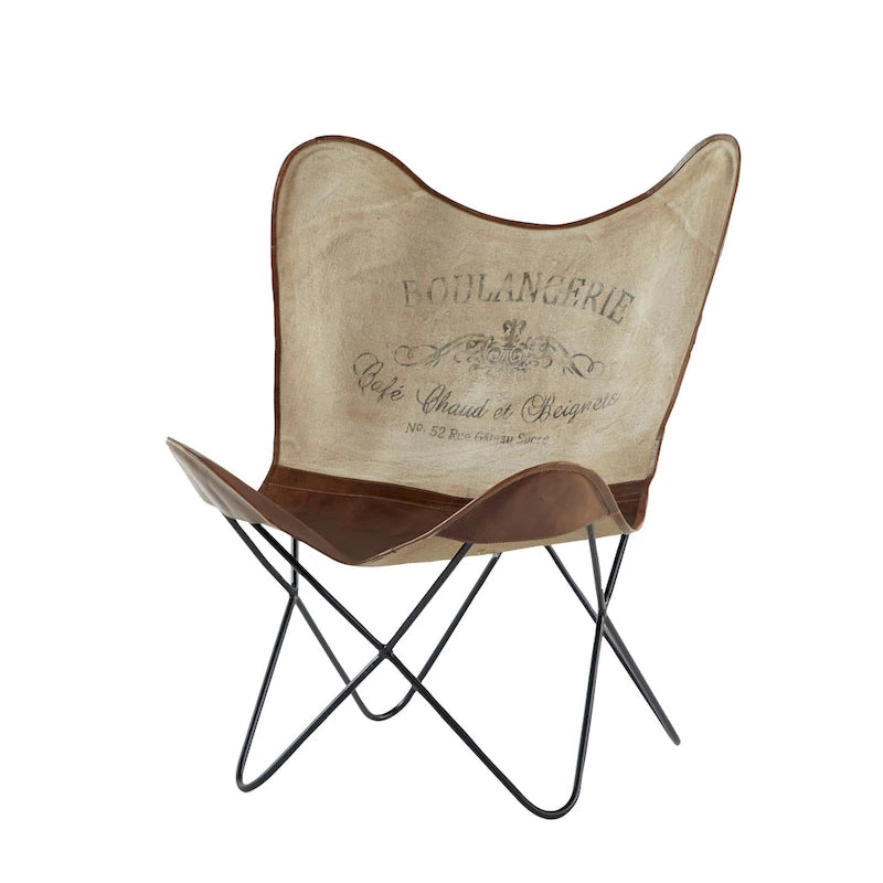 Fauteuil papillon en cuir fait main marron-beige / blanc avec piètement en métal noir – 1 place