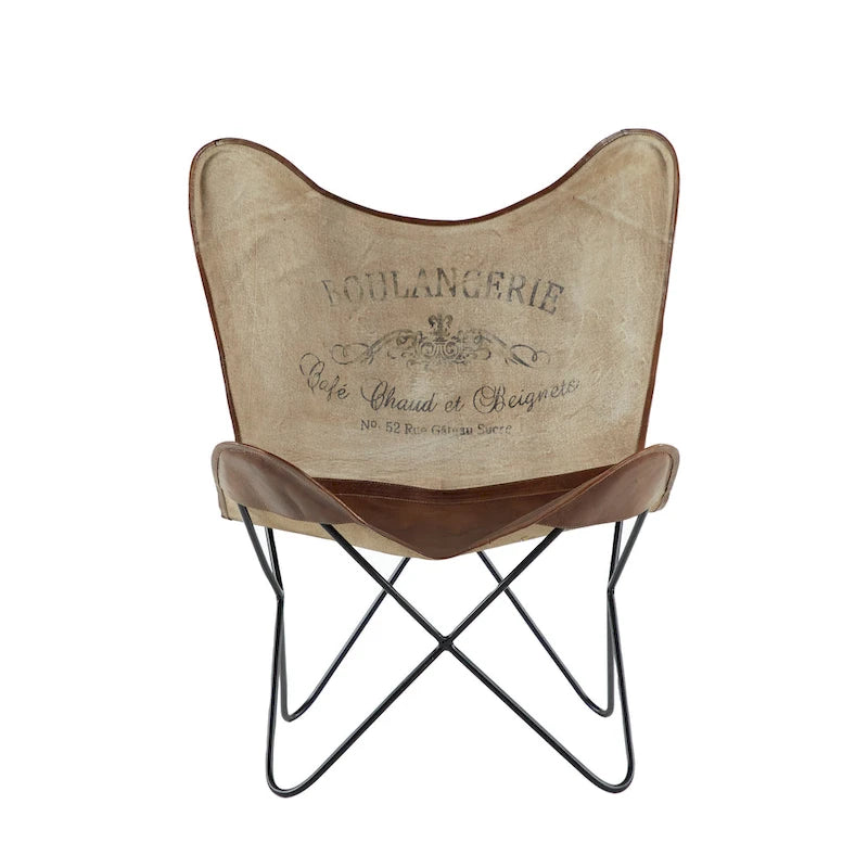 Fauteuil papillon en cuir fait main marron-beige / blanc avec piètement en métal noir – 1 place
