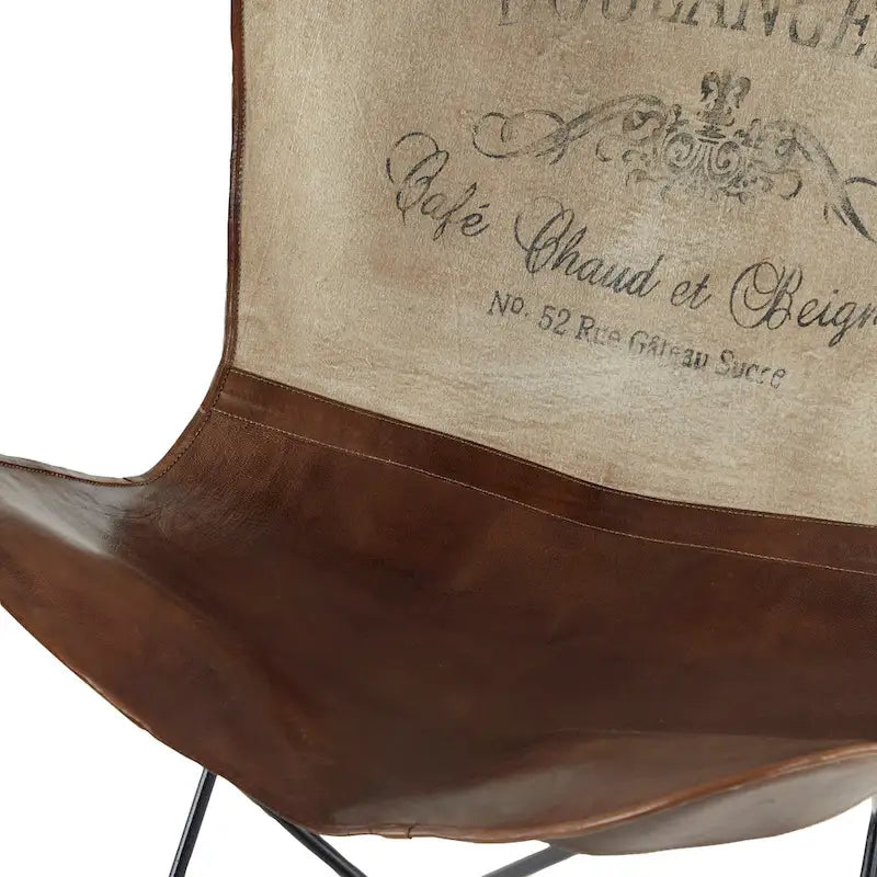 Fauteuil papillon en cuir fait main marron-beige / blanc avec piètement en métal noir – 1 place