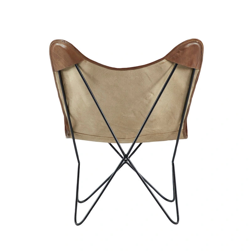 Fauteuil papillon en cuir fait main marron-beige / blanc avec piètement en métal noir – 1 place