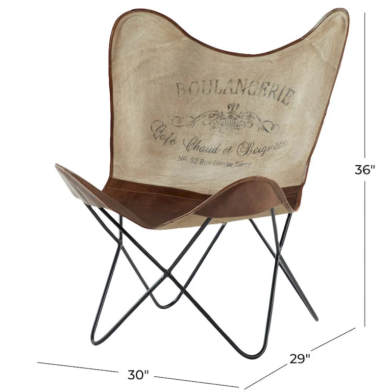 Fauteuil papillon en cuir fait main marron-beige / blanc avec piètement en métal noir – 1 place