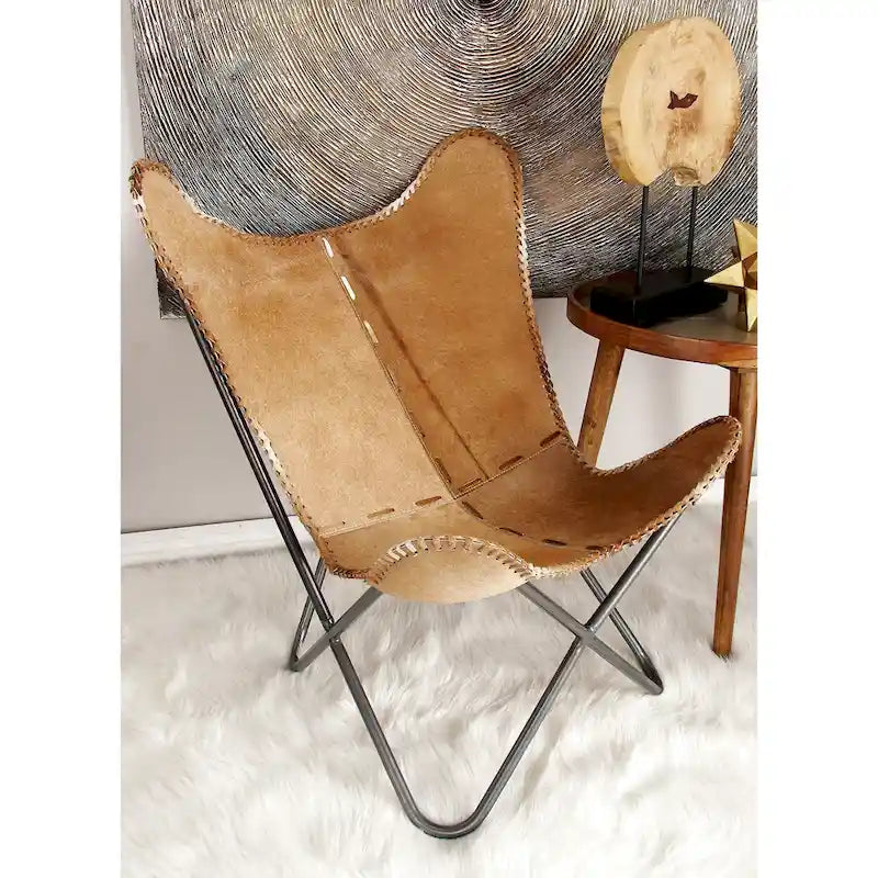 Fauteuil papillon en cuir fait main marron-beige / blanc avec piètement en métal noir – 1 place