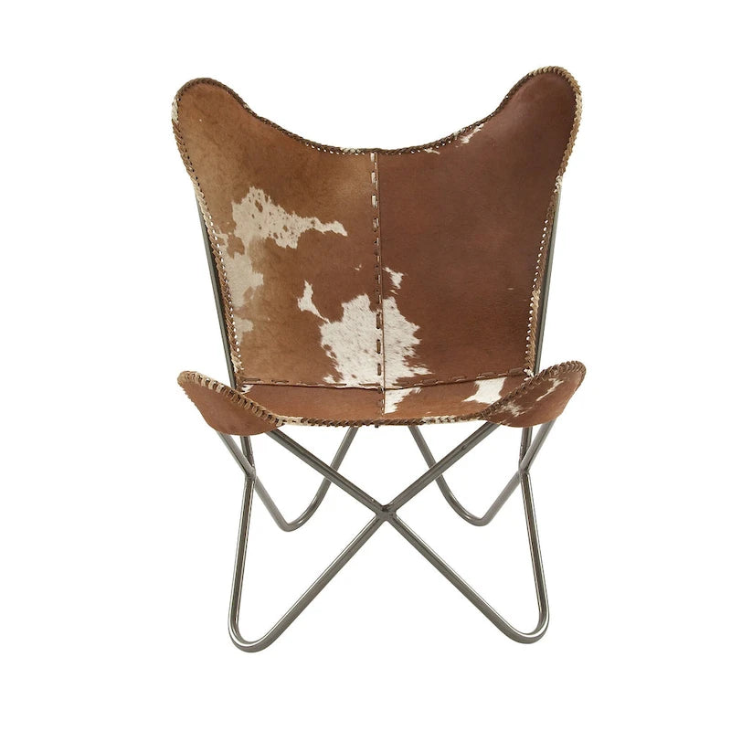 Fauteuil papillon en cuir fait main marron-beige / blanc avec piètement en métal noir – 1 place