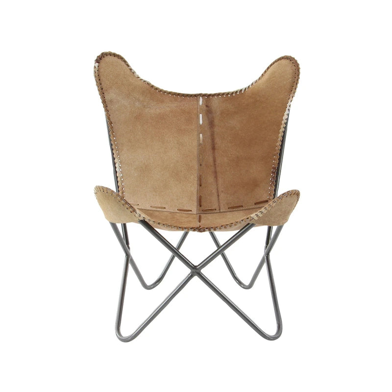 Fauteuil papillon en cuir fait main marron-beige / blanc avec piètement en métal noir – 1 place