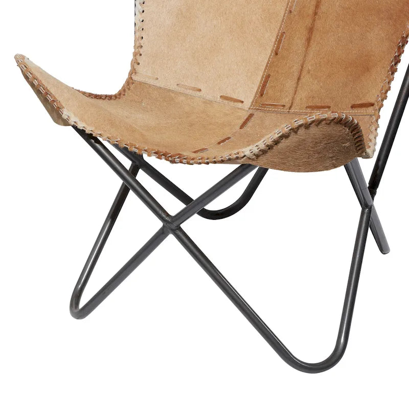 Fauteuil papillon en cuir fait main marron-beige / blanc avec piètement en métal noir – 1 place