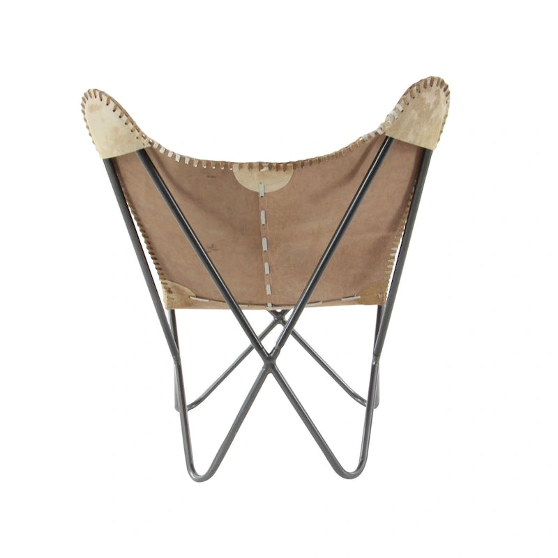 Fauteuil papillon en cuir fait main marron-beige / blanc avec piètement en métal noir – 1 place