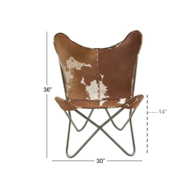 Fauteuil papillon en cuir fait main marron-beige / blanc avec piètement en métal noir – 1 place