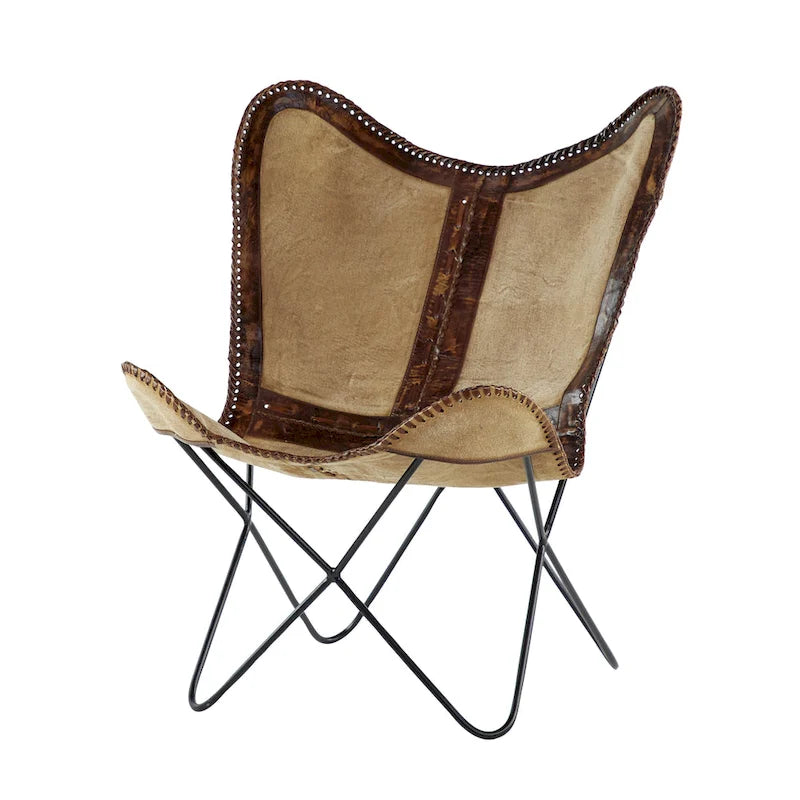 Fauteuil papillon en cuir fait main marron-beige / blanc avec piètement en métal noir – 1 place