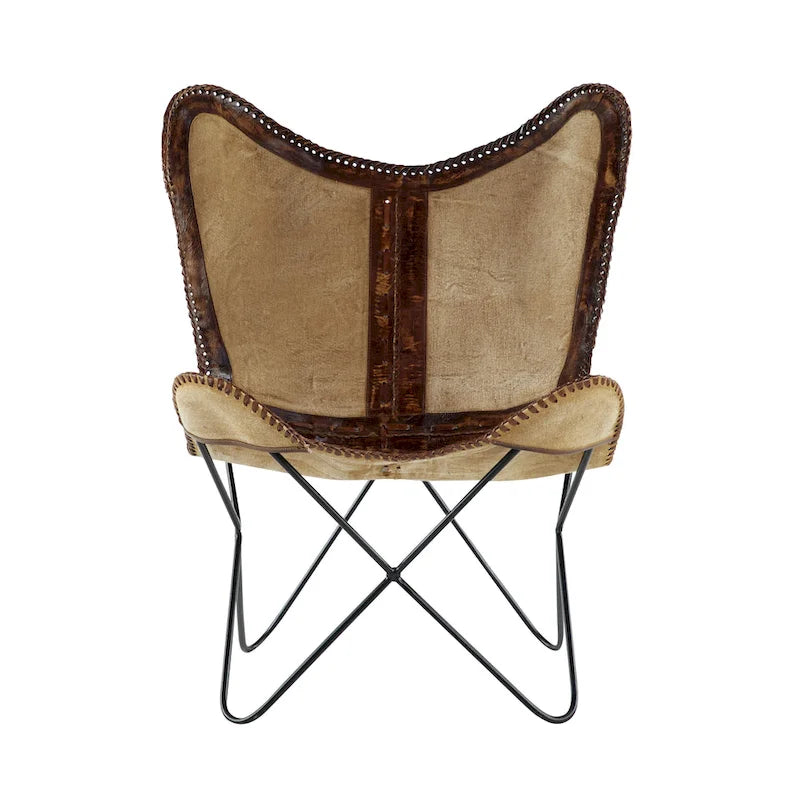 Fauteuil papillon en cuir fait main marron-beige / blanc avec piètement en métal noir – 1 place
