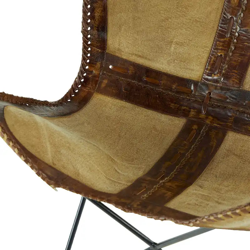 Fauteuil papillon en cuir fait main marron-beige / blanc avec piètement en métal noir – 1 place