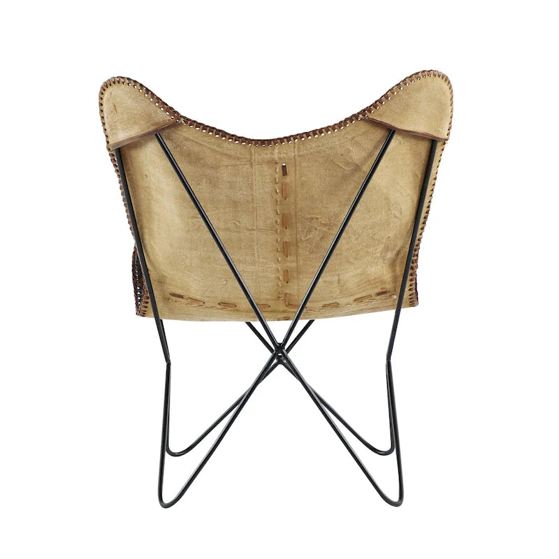 Fauteuil papillon en cuir fait main marron-beige / blanc avec piètement en métal noir – 1 place