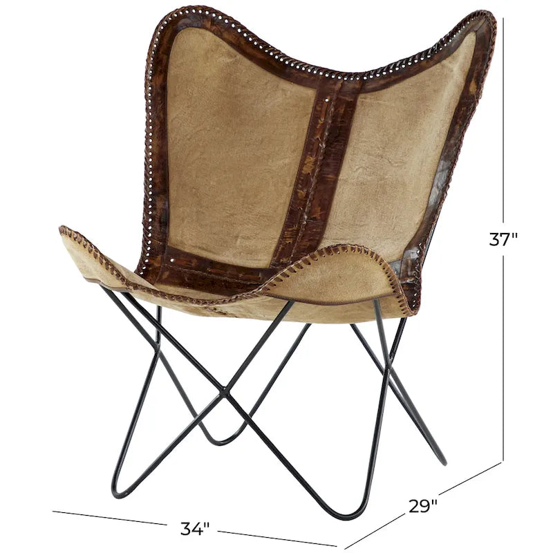 Fauteuil papillon en cuir fait main marron-beige / blanc avec piètement en métal noir – 1 place