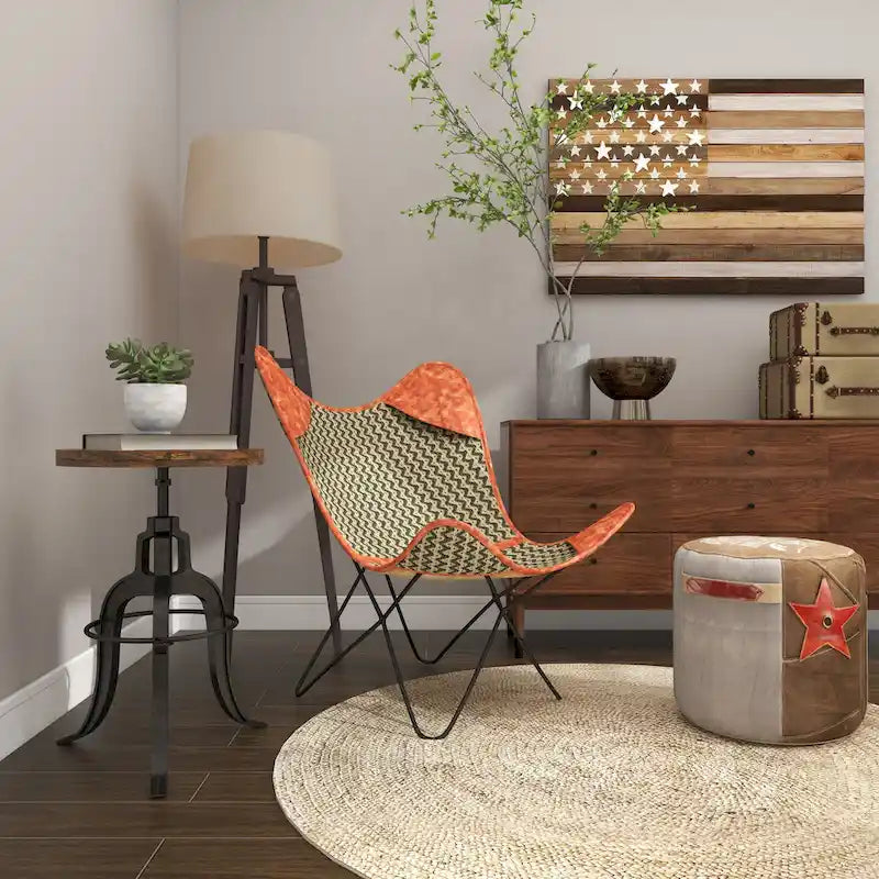 Fauteuil papillon en cuir fait main marron-beige / blanc avec piètement en métal noir – 1 place