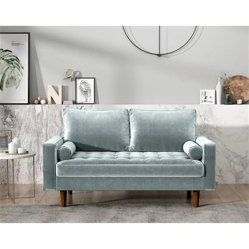 Causeuse capitonnée en velours mi-siècle avec pieds en bois – 2 places – Aubergine / Cyan / Doré / Noir / Gris / Bleu espace / Bleu de Prusse