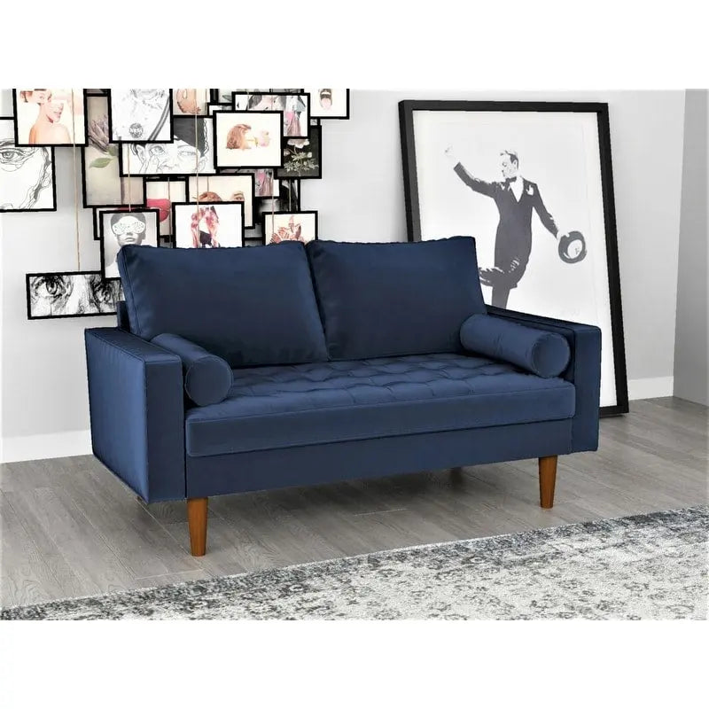 Causeuse capitonnée en velours mi-siècle avec pieds en bois – 2 places – Aubergine / Cyan / Doré / Noir / Gris / Bleu espace / Bleu de Prusse