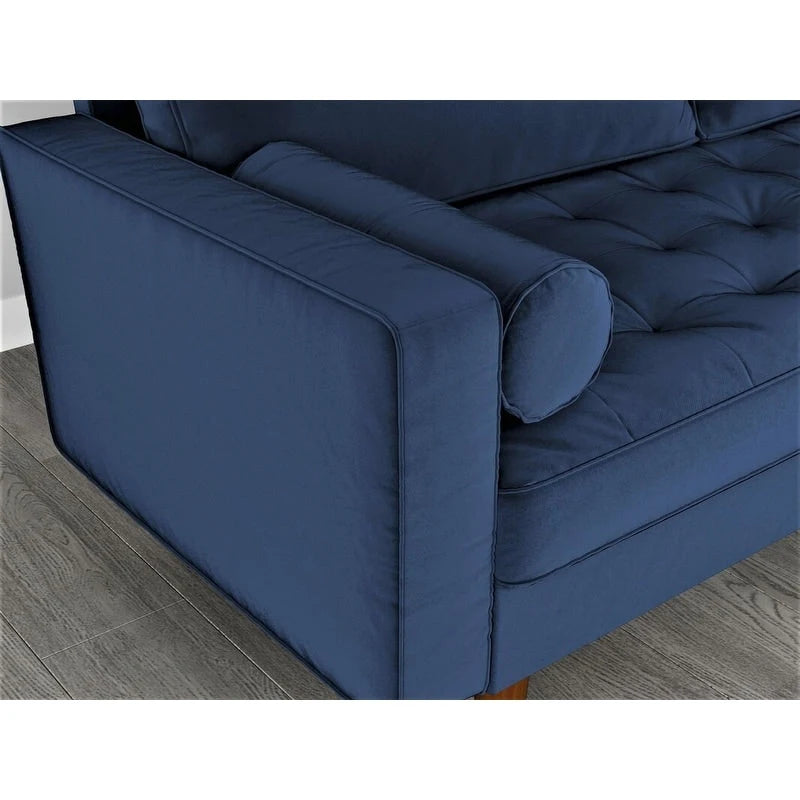 Causeuse capitonnée en velours mi-siècle avec pieds en bois – 2 places – Aubergine / Cyan / Doré / Noir / Gris / Bleu espace / Bleu de Prusse