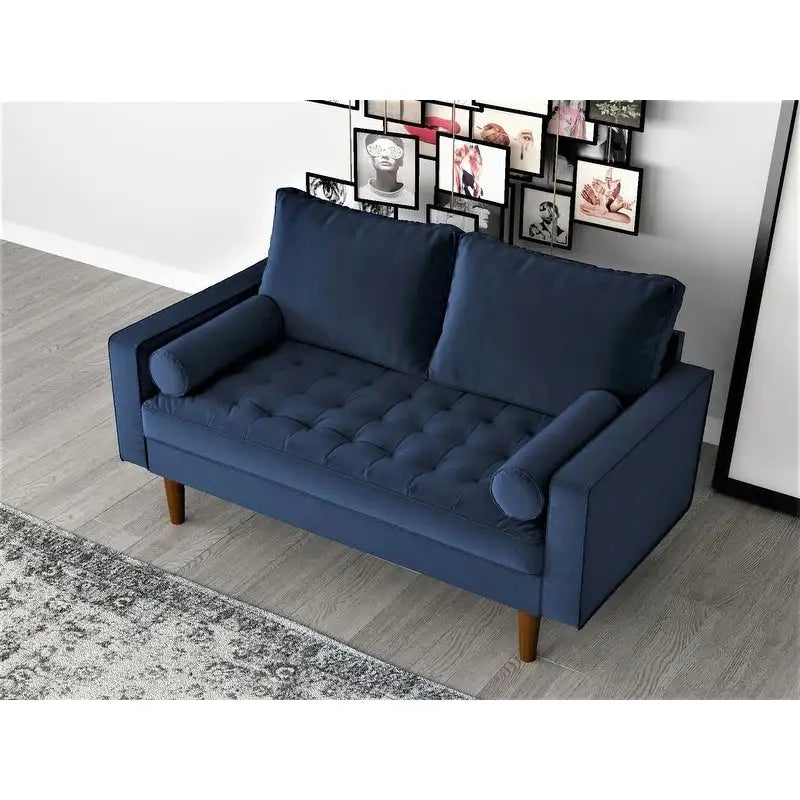 Causeuse capitonnée en velours mi-siècle avec pieds en bois – 2 places – Aubergine / Cyan / Doré / Noir / Gris / Bleu espace / Bleu de Prusse