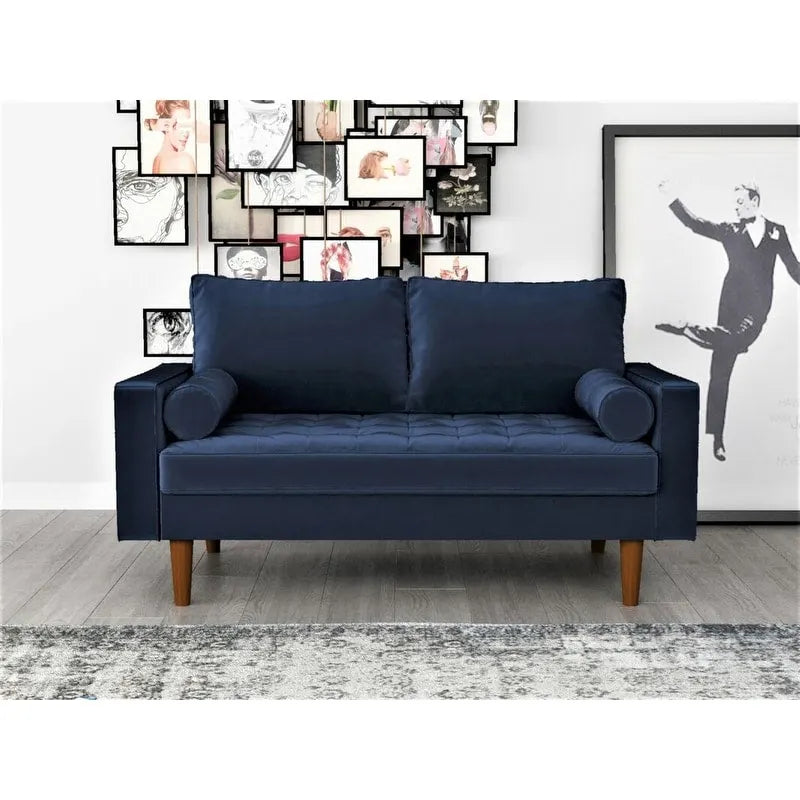 Causeuse capitonnée en velours mi-siècle avec pieds en bois – 2 places – Aubergine / Cyan / Doré / Noir / Gris / Bleu espace / Bleu de Prusse