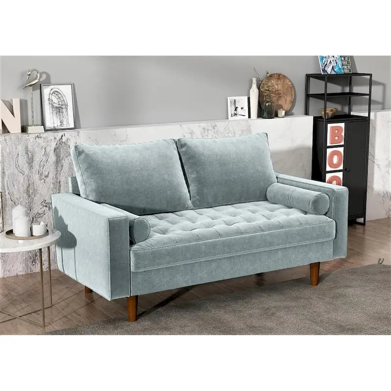 Causeuse capitonnée en velours mi-siècle avec pieds en bois – 2 places – Aubergine / Cyan / Doré / Noir / Gris / Bleu espace / Bleu de Prusse