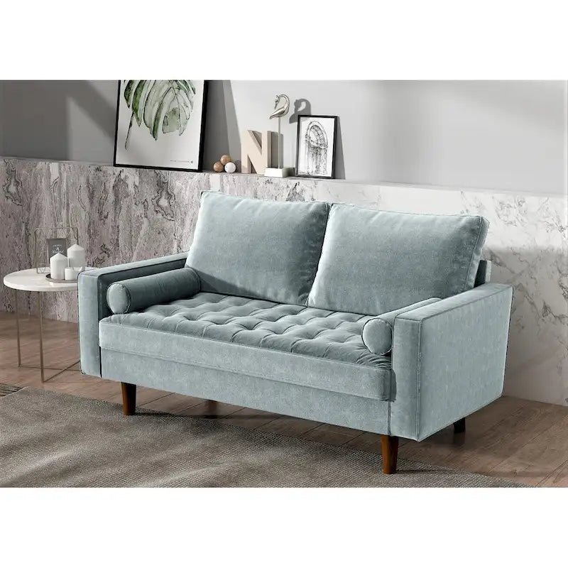 Causeuse capitonnée en velours mi-siècle avec pieds en bois – 2 places – Aubergine / Cyan / Doré / Noir / Gris / Bleu espace / Bleu de Prusse