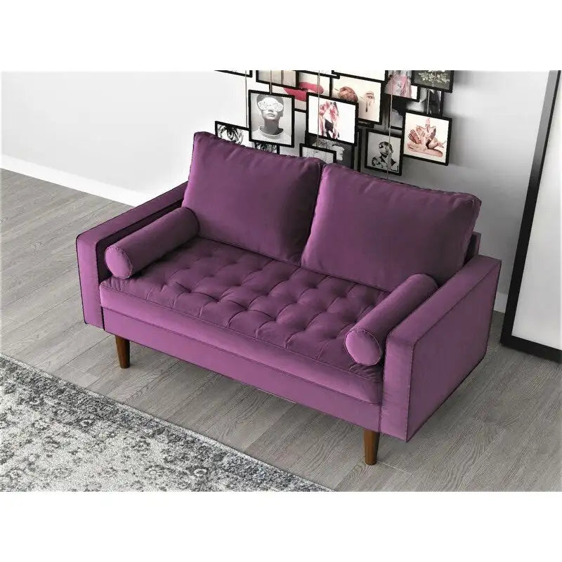 Causeuse capitonnée en velours mi-siècle avec pieds en bois – 2 places – Aubergine / Cyan / Doré / Noir / Gris / Bleu espace / Bleu de Prusse
