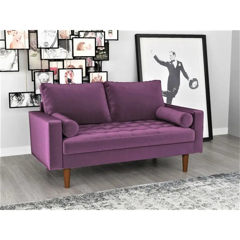 Causeuse capitonnée en velours mi-siècle avec pieds en bois – 2 places – Aubergine / Cyan / Doré / Noir / Gris / Bleu espace / Bleu de Prusse